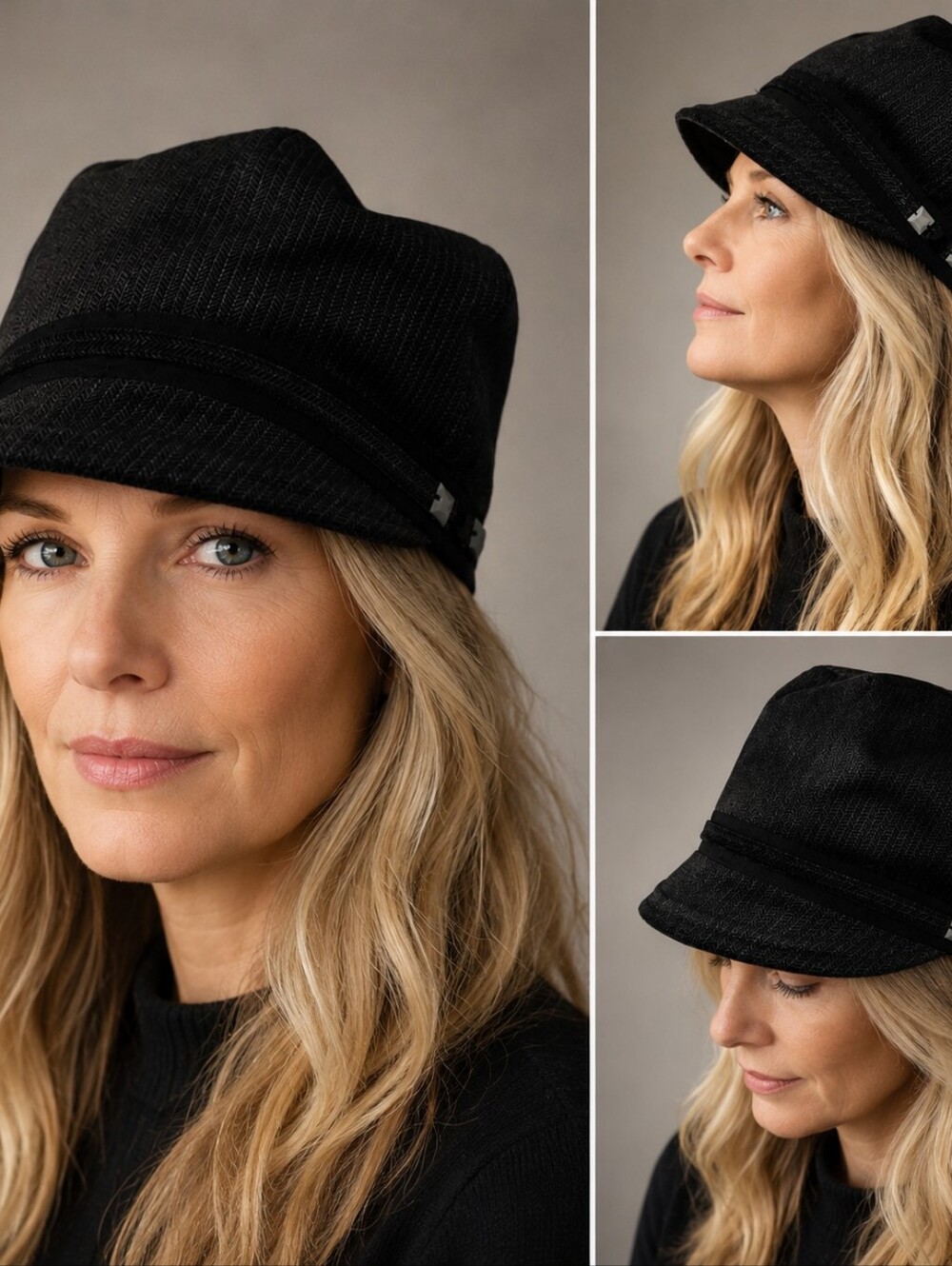 Black Cadet Hat Herringbone Tweed Women's Winter Cap